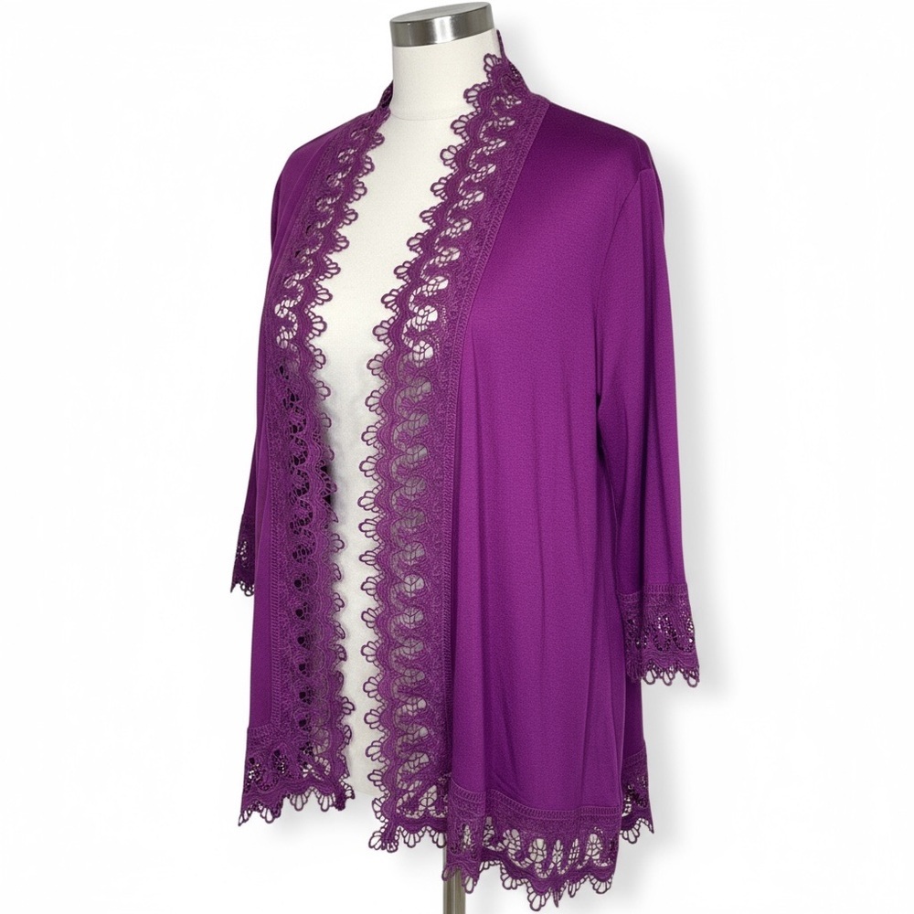Passports Purple Lace Trim Open Front Cardigan Women’s Size L 3/4‎ Sleeve Boho